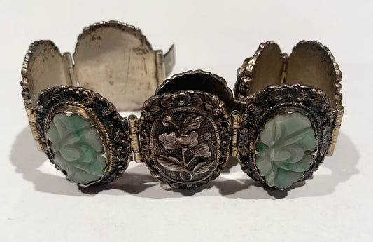 Silver Carved Jade Bracelet 30.4gr Circa 1940s ESTATE Length 6.50