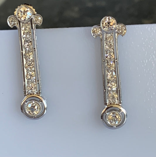 Art Deco 1ct (4 Center Diamonds) 1.90ct SD PT Earrings (Antique 1920s) 1.25"