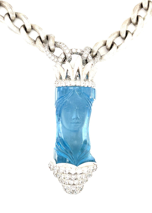 Henry Dunay 108ct Carved Female Aquamarine Pendant Set in Platinum+ Chain Link Metal Necklace