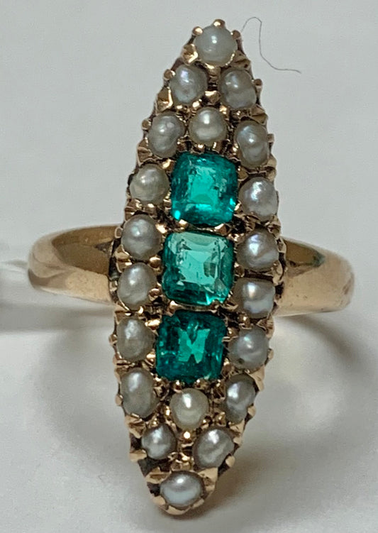 14KY Emerald &  Pearl Victorian Ring 0.75ct(em) Circa 1880s ESTATE  Size 5