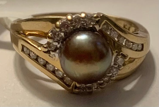 14KY Diamond & Peacock Pearl Ring 0.16ct(dia)