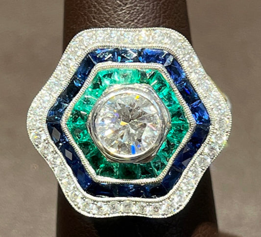 1.02ct H SI1 Diamond 2.63ct Emeralds+Sapphires .70ct Diamond PT+18KY Ring