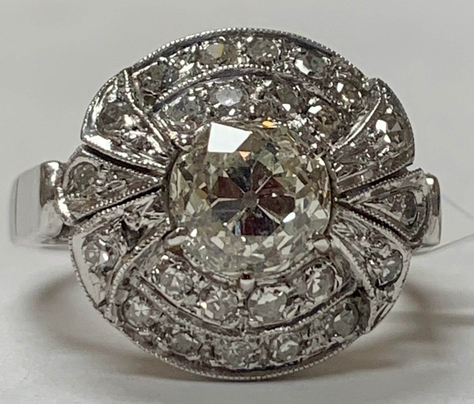 14KW Diamond Art Deco Ring 7.2gr 1.49ct(dia) .48(sd) Circa 1930
