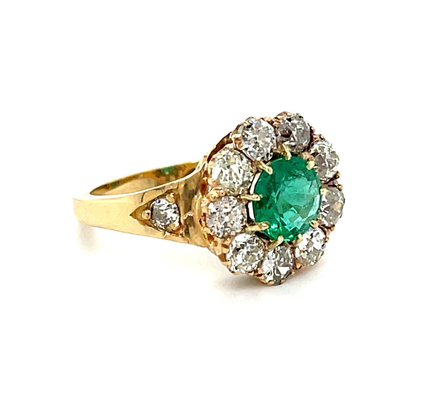 Victorian Era (Circa 1890s) .94ct Round Emerald 14KY Antique Ring 1.08ct Old Mine Cut Diamonds