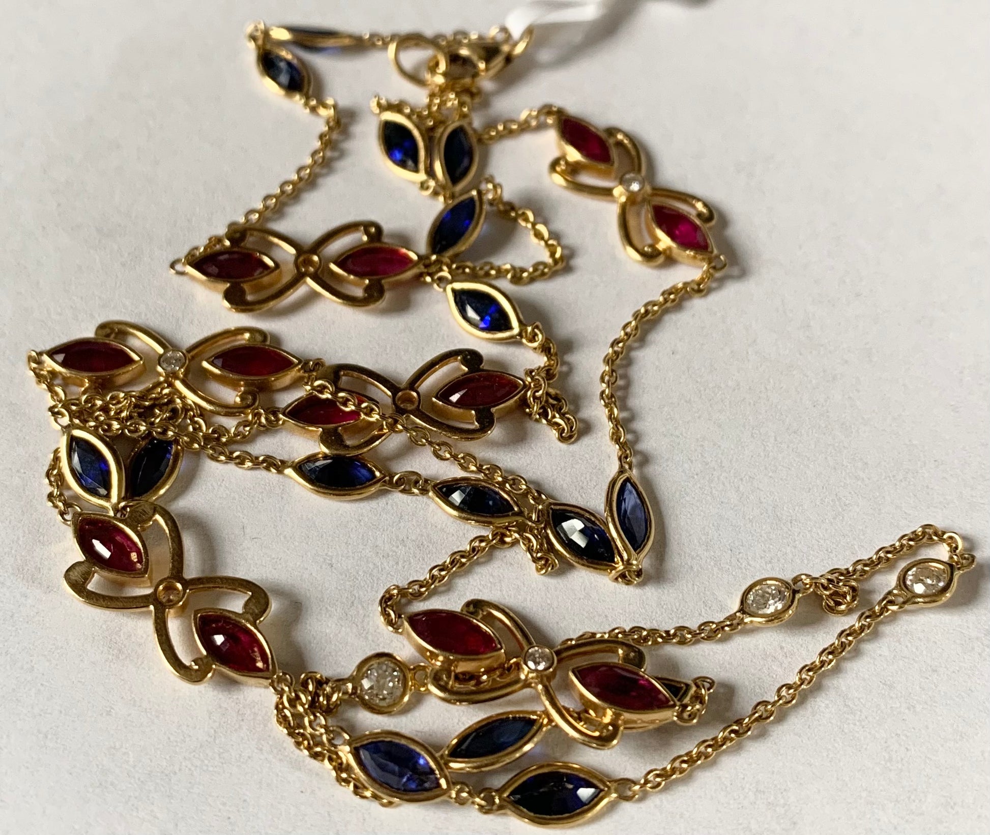 3.56ct Ruby &  4.20ctw Sapphire 18KY Yellow Gold 11.60gr Necklace Handmade Lengt