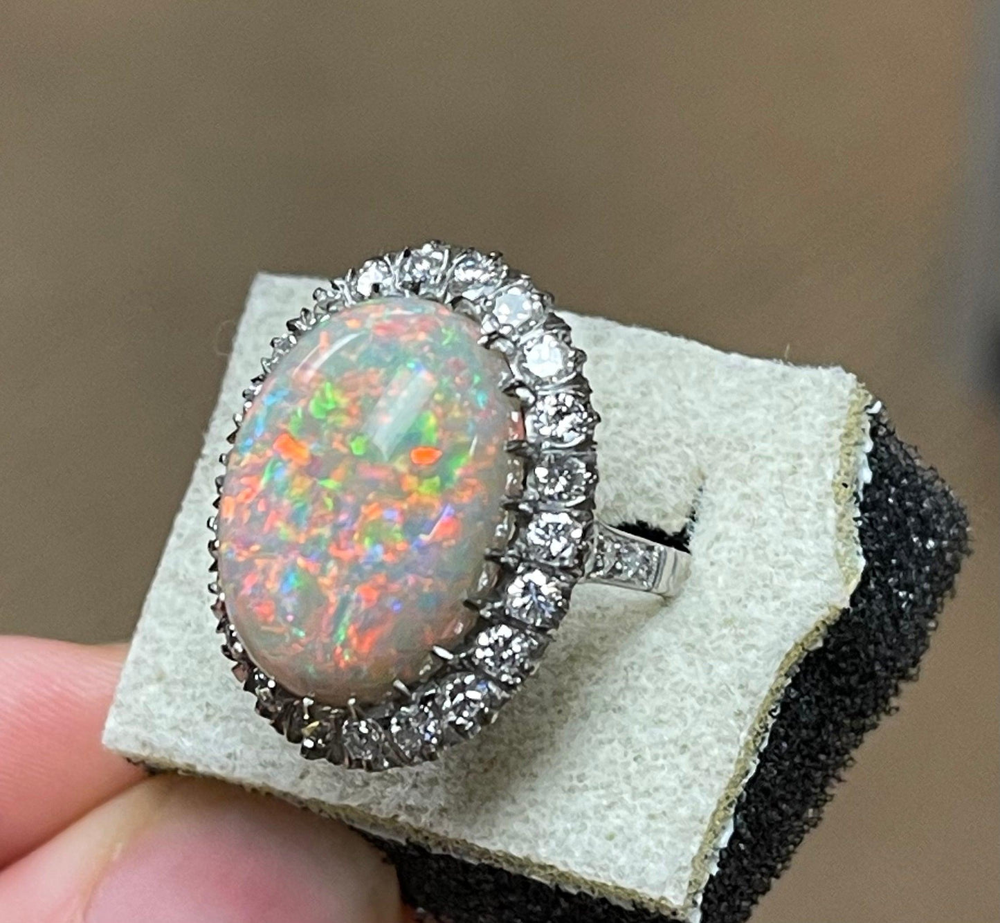 13.11ct Australian Fire Opal 1.35ct Diamonds Platinum Handmade Ring