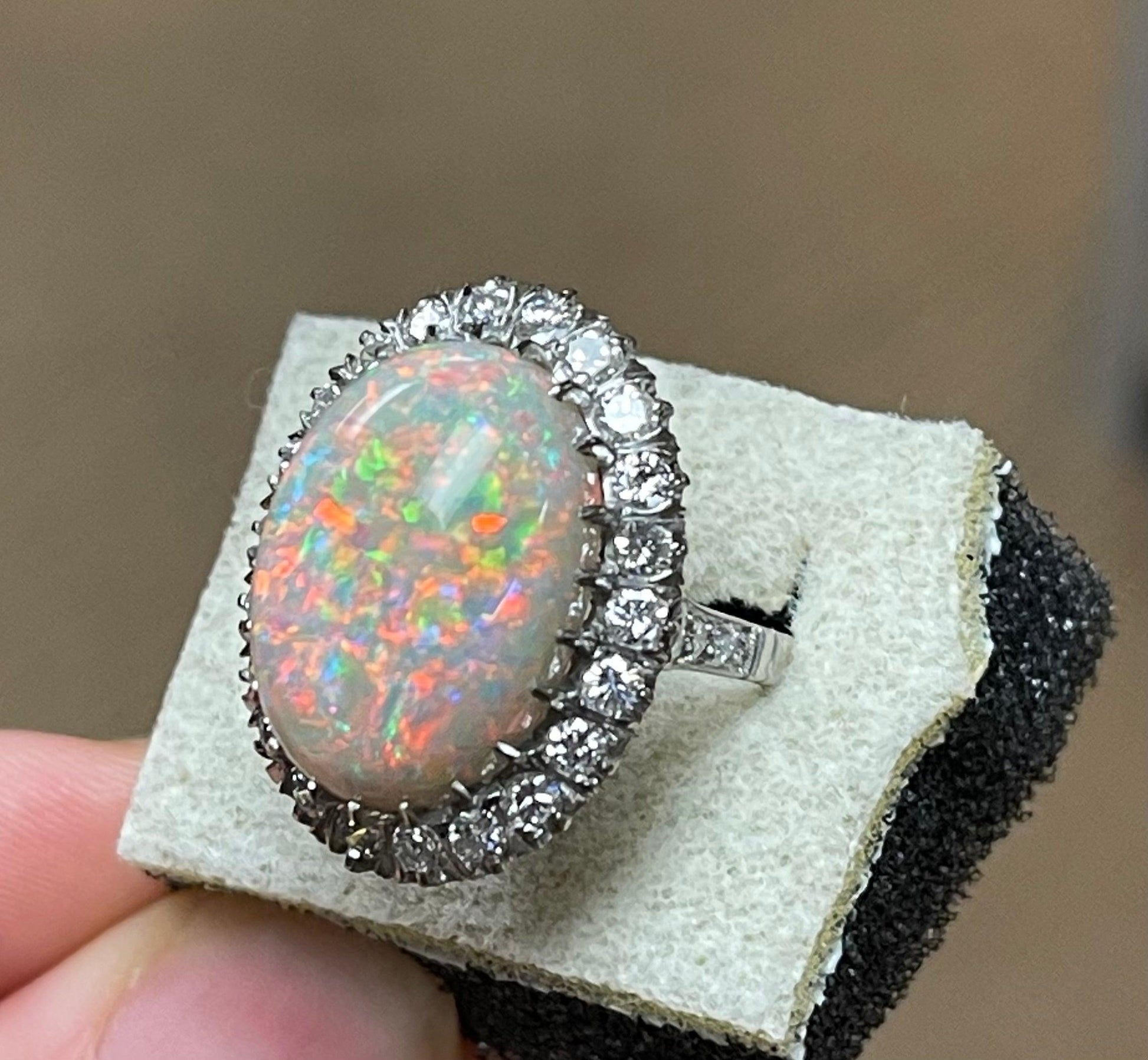 13.11ct Australian Fire Opal 1.35ct Diamonds Platinum Handmade Ring