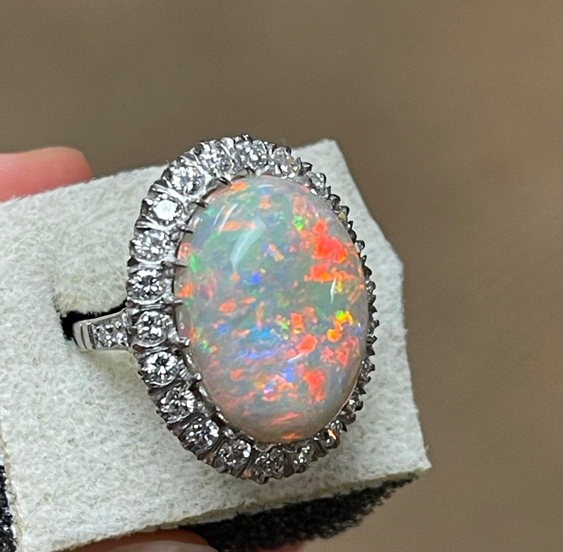 13.11ct Australian Fire Opal 1.35ct Diamonds Platinum Handmade Ring