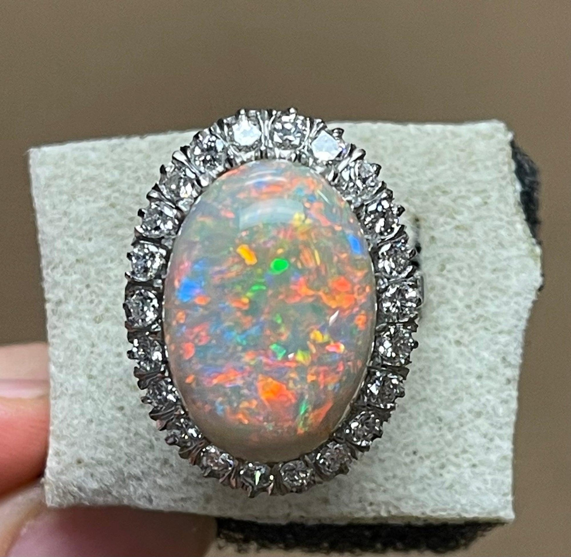 13.11ct Australian Fire Opal 1.35ct Diamonds Platinum Handmade Ring