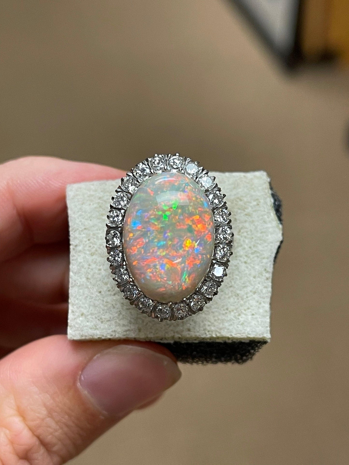 13.11ct Australian Fire Opal 1.35ct Diamonds Platinum Handmade Ring