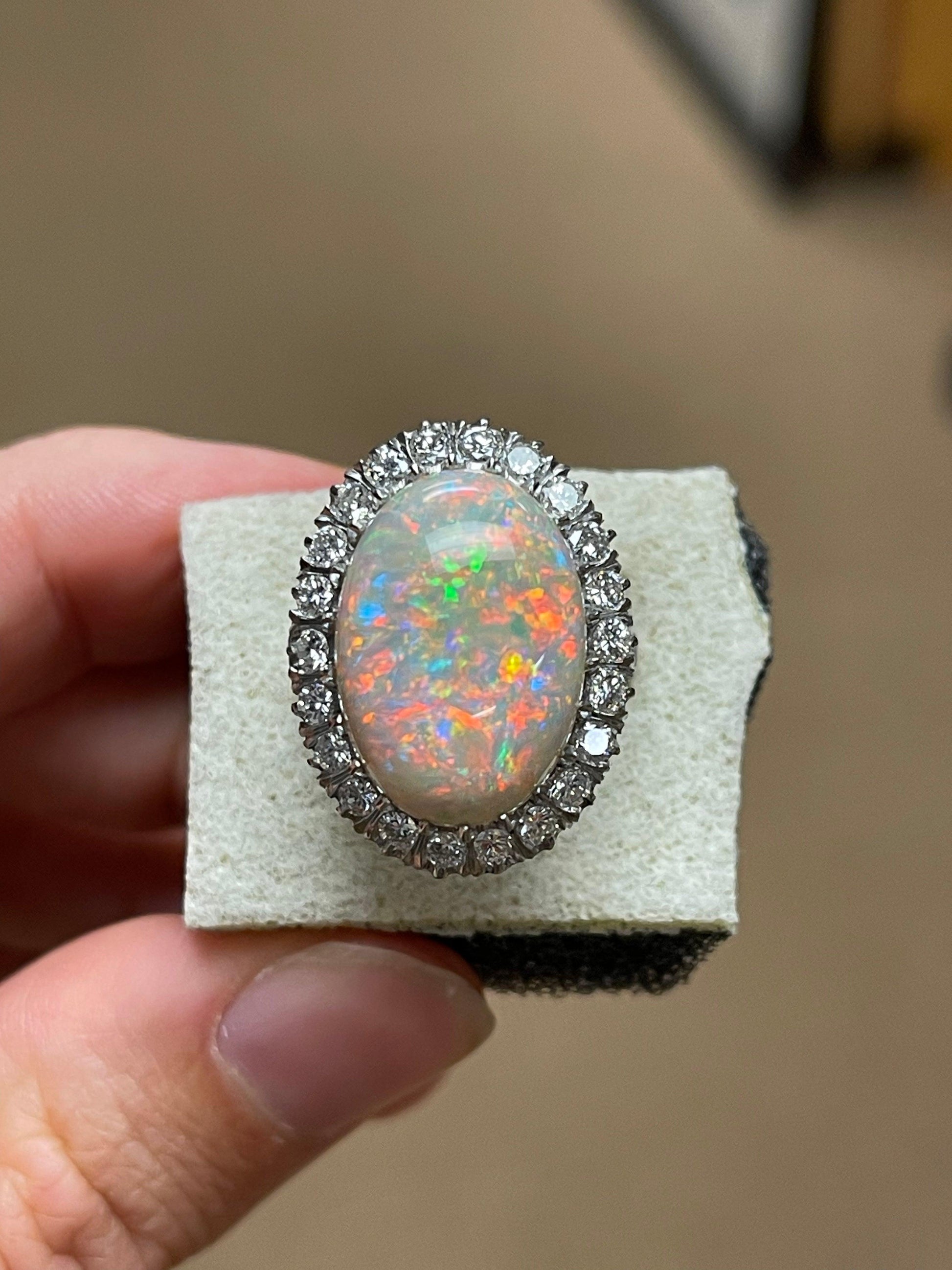 13.11ct Australian Fire Opal 1.35ct Diamonds Platinum Handmade Ring