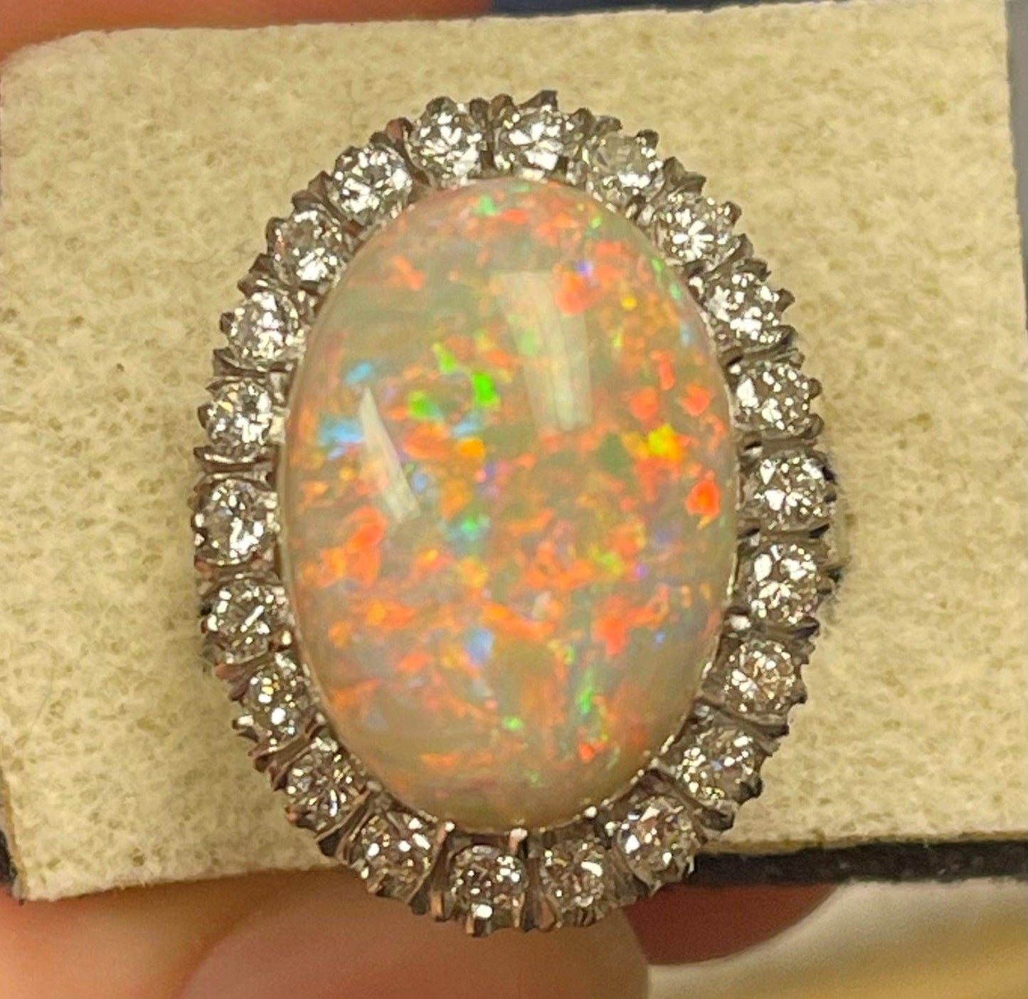 13.11ct Australian Fire Opal 1.35ct Diamonds Platinum Handmade Ring