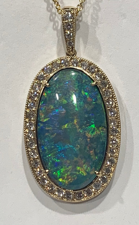 8.20ct Black Lightning Ridge Australian Opal .76ct Diamond 18KY Pendant