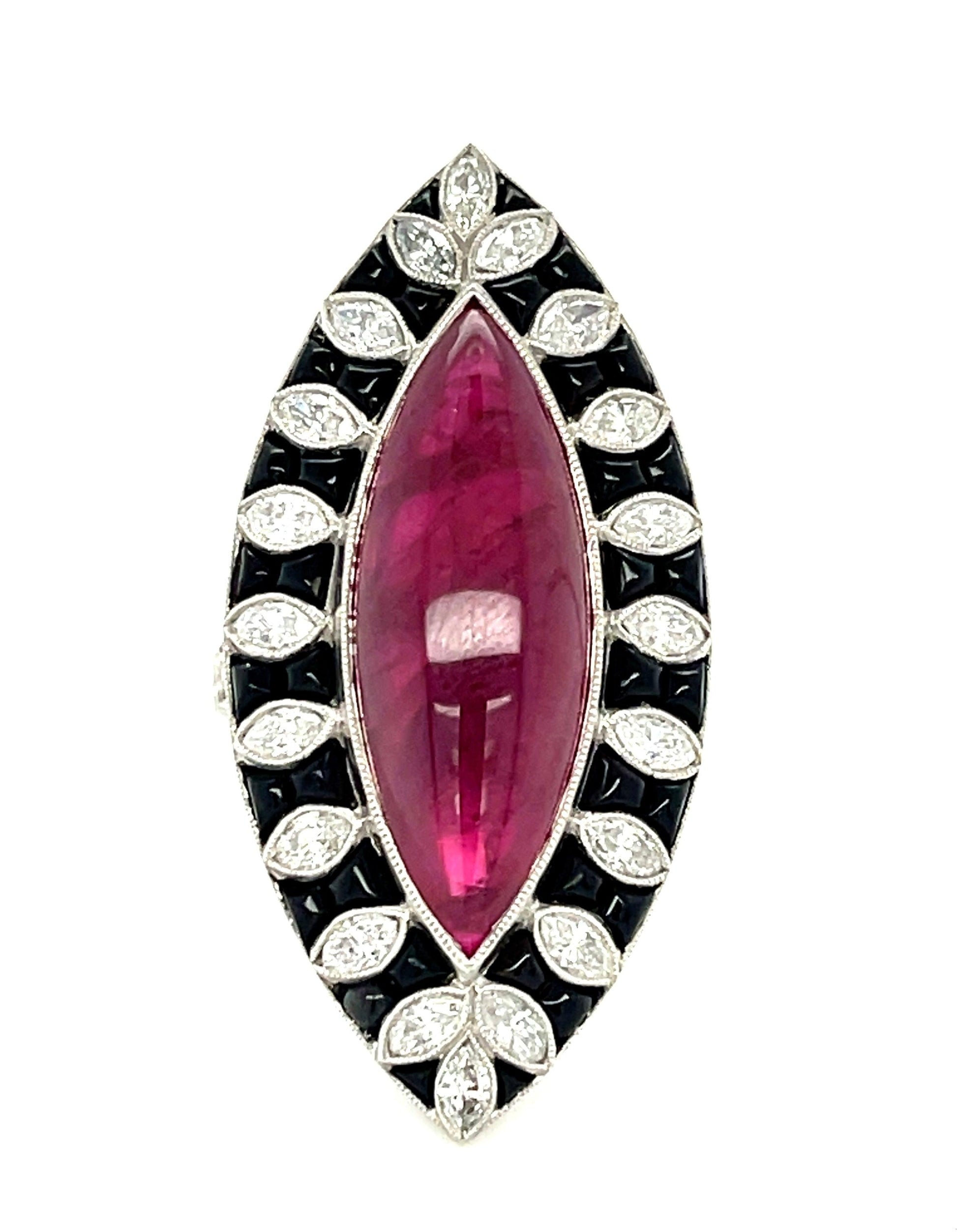 13.50ct Cab Ruby Marquise Platinum Handmade Ring 1.46ct Old European Cut Diamond