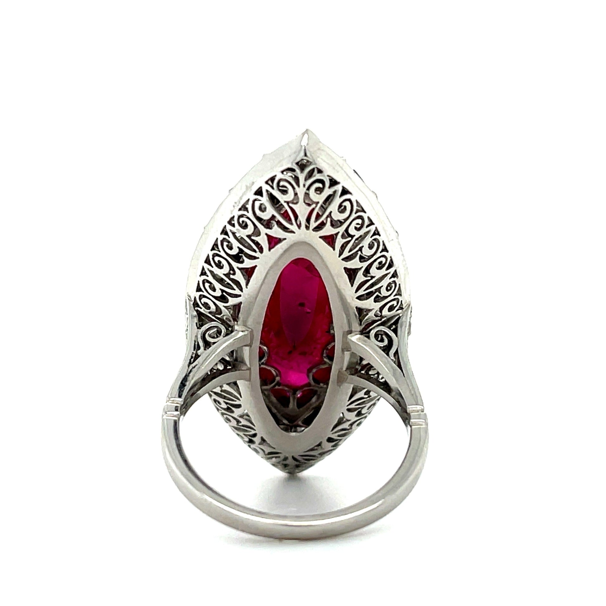 13.50ct Cab Ruby Marquise Platinum Handmade Ring 1.46ct Old European Cut Diamond