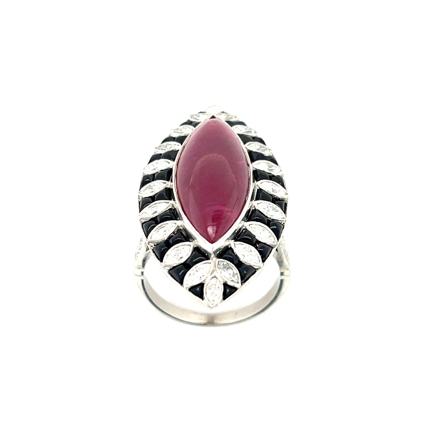 13.50ct Cab Ruby Marquise Platinum Handmade Ring 1.46ct Old European Cut Diamond