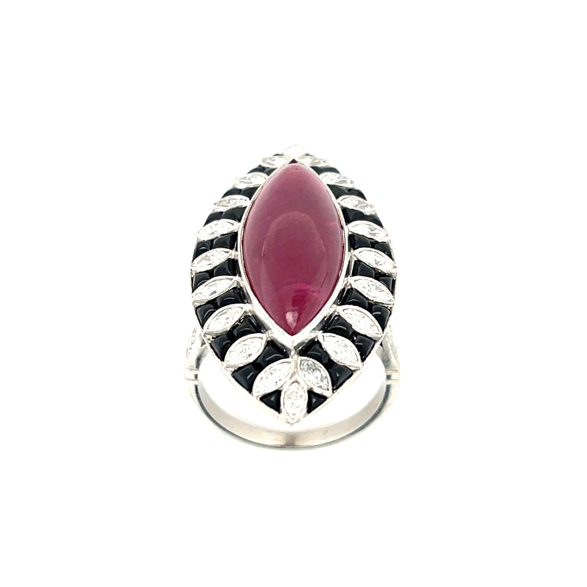 13.50ct Cab Ruby Marquise Platinum Handmade Ring 1.46ct Old European Cut Diamond