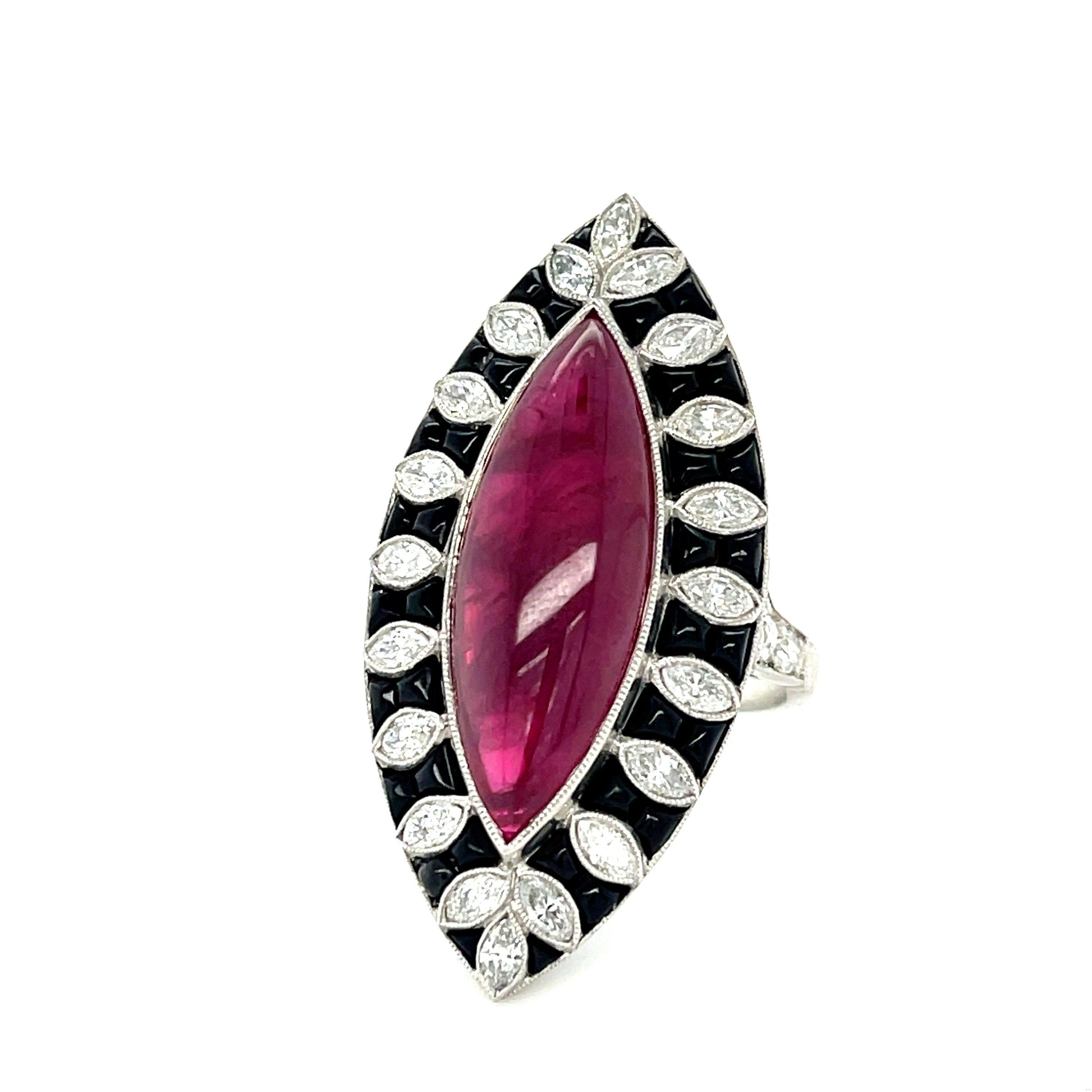 13.50ct Cab Ruby Marquise Platinum Handmade Ring 1.46ct Old European Cut Diamond