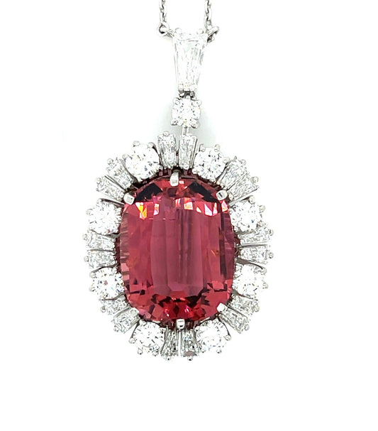 13.52ct Pink Tourmaline 4.75ct Diamond Platinum Vintage Pendant (Circa 1950s)