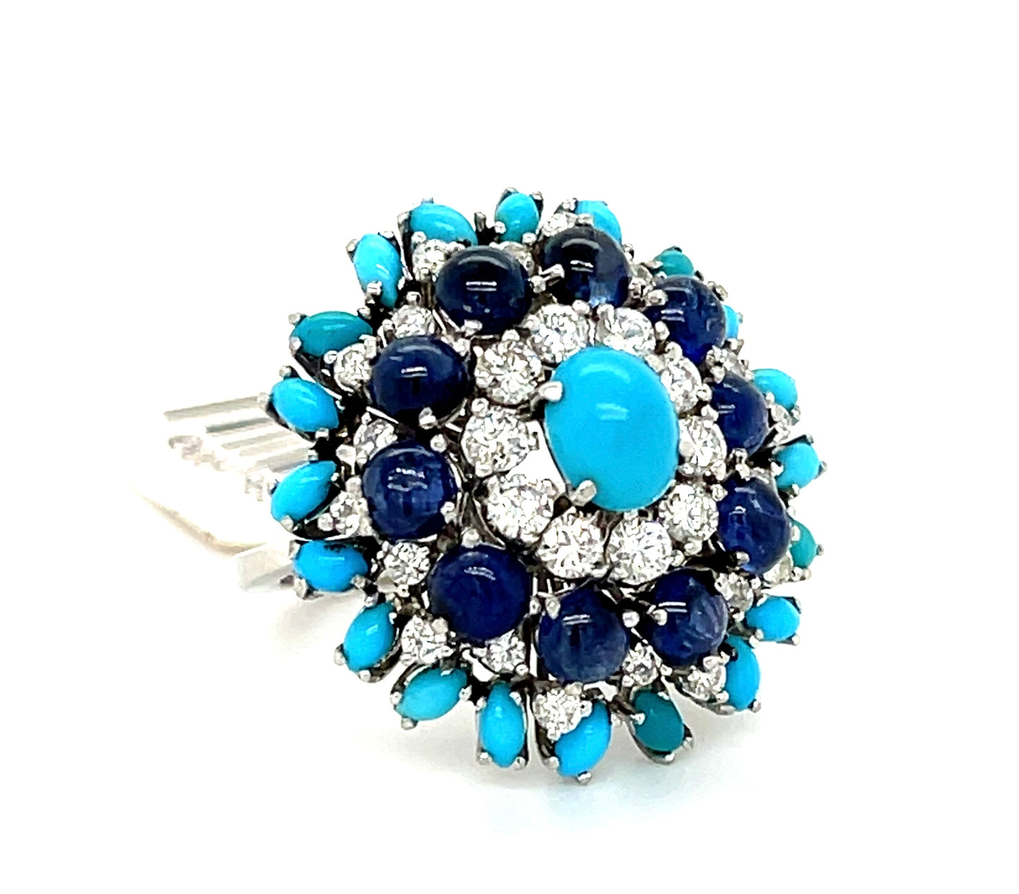 Sapphire, Diamond and Turquoise Platinum Set (Vintage Circa 1950s) Matching Ring and Earrings 1.10ct Diamonds 2.24ct Sapphires