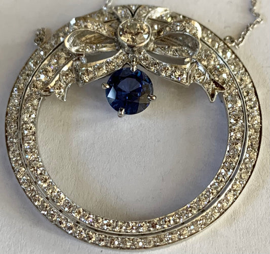 Art Deco .35ct Old European Center Dia 2.30ct Sapphire PT Pendant Antique 1920s