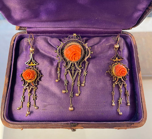Victorian Set of Antique Brooch and Earrings set in 14K  Rose Motif Orangish Red
