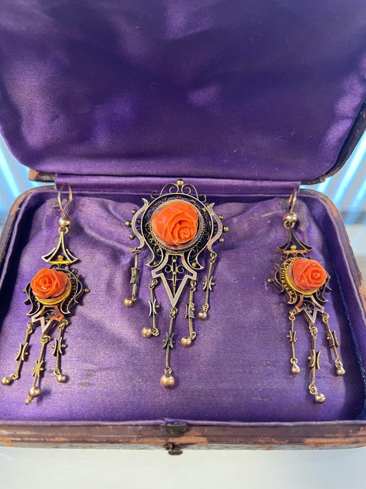 Victorian Set of Antique Brooch and Earrings set in 14K  Rose Motif Orangish Red