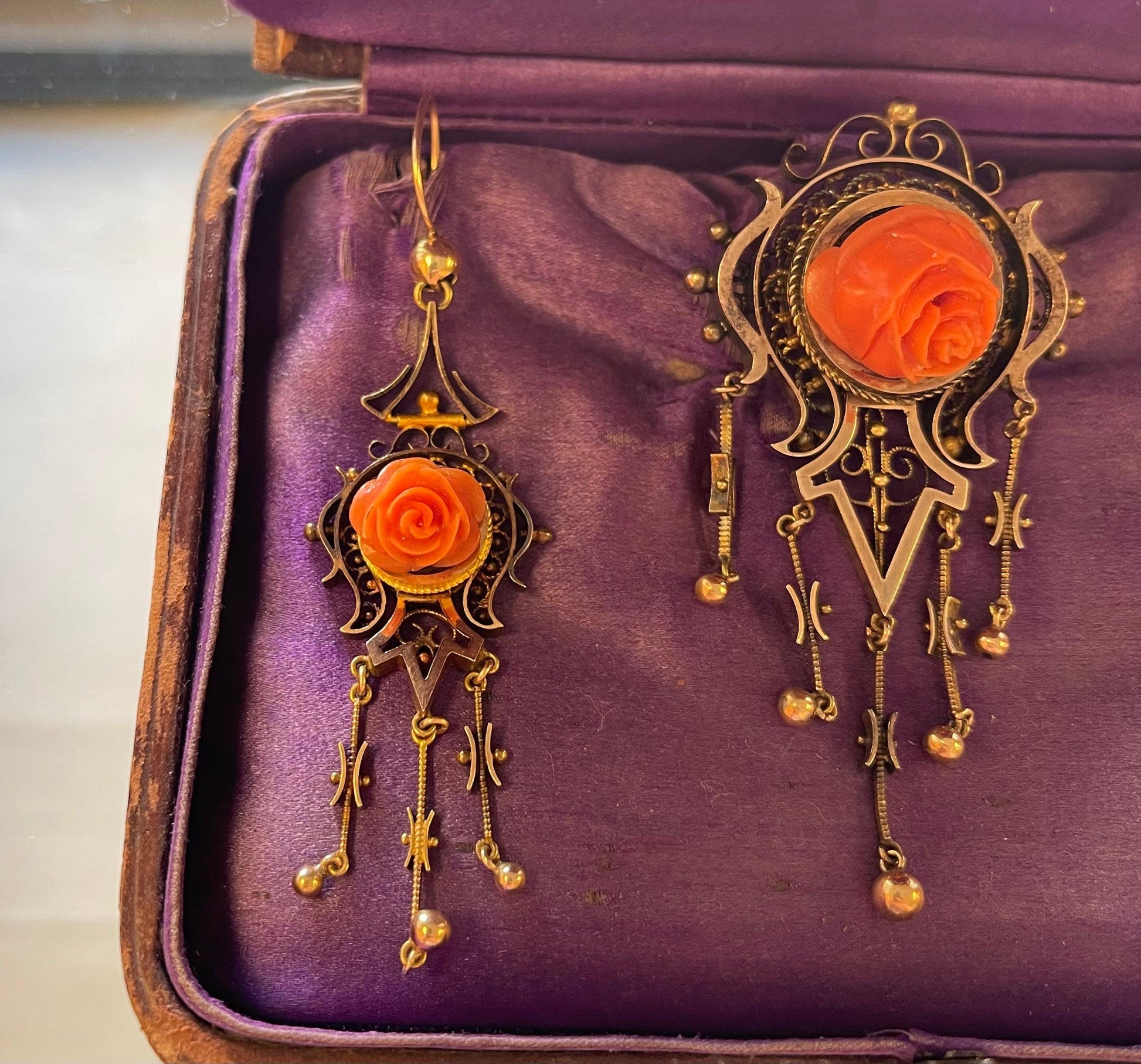 Victorian Set of Antique Brooch and Earrings set in 14K  Rose Motif Orangish Red