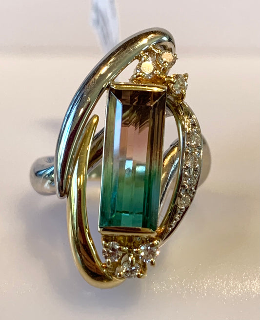 PL18KY Bicolor Tourmaline &  Diamond Ring 12gr 4.98ct(tm) 0.24ct twt(dia)