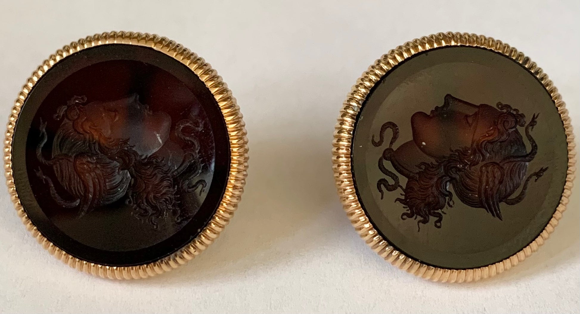 14KY Carved Carnelian Victorian Intaglio Earrings 12gr Circa 1890s ESTATE