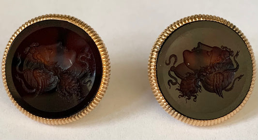 14KY Carved Carnelian Victorian Intaglio Earrings 12gr Circa 1890s ESTATE