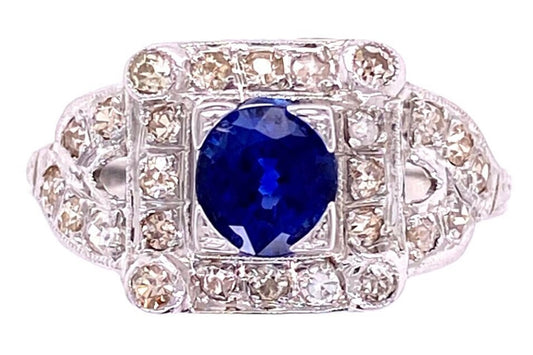 Estate  1.05ct Sapphire &  0.50ctw Diamond 18KW White Gold Art Deco Ring