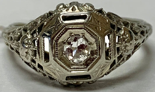Art Deco .10ct Diamond 14KY White Gold 2.70gr Ring Circa 1920s Size 5.50