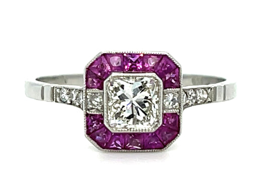 .55ct Princess Diamond .56ct Ruby Platinum Handmade Ring 2.50g 7.25 Size