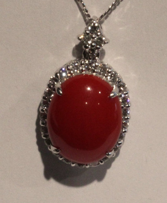 18KW Red Coral &  Diamond Pendant 9.7gr 15.00ct(cor) 0.88ct twt(dia) ESTATE 14KY