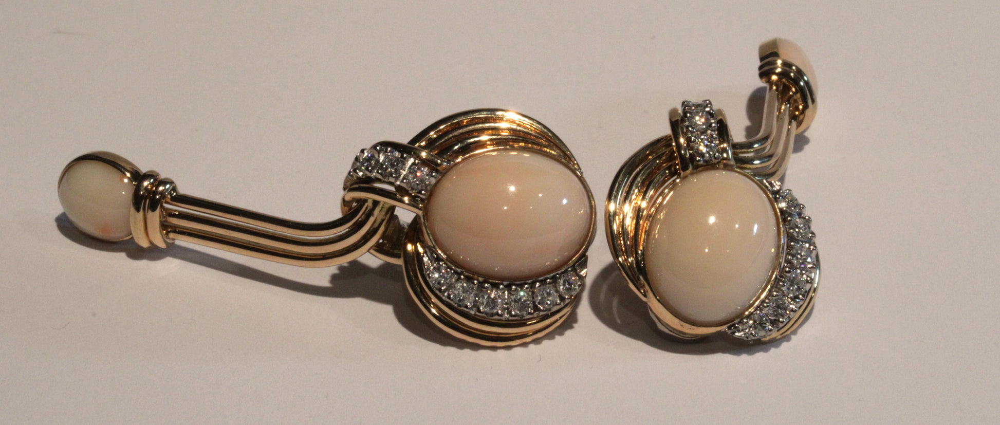 18KY Diamond & Pink Coral Earrings 0.80ct(dia) 13.00ct twt(cor) Circa 1960s