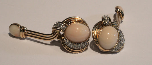 18KY Diamond & Pink Coral Earrings 0.80ct(dia) 13.00ct twt(cor) Circa 1960s