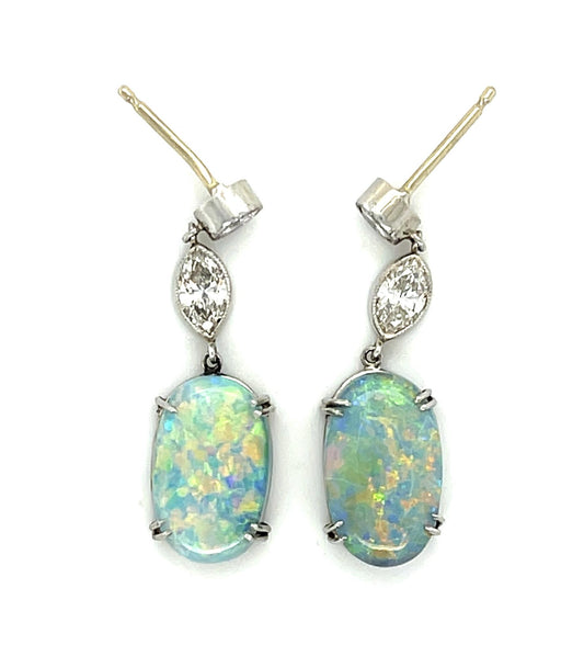 4.50ct Semi Black opal 1ct Diamond PT Drop Earrings 3.80g 14KW Backs 1" Length