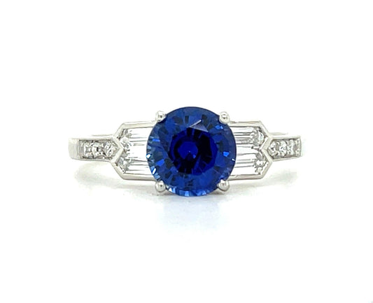 1.65ct Blue Sapphire .52ct Baguette/Round Brilliant Diamonds Platinum Ring