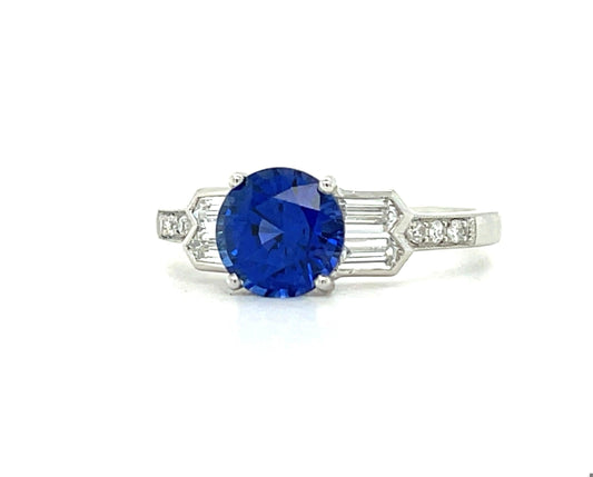 1.65ct Blue Sapphire .52ct Baguette/Round Brilliant Diamonds Platinum Ring