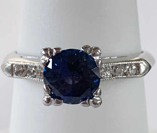 1.25ct Sapphire .18ct Diamond PT Ring (Vintage 1940s) 5.75 Size