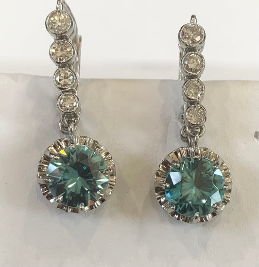 PT Blue Zircon & Diamond Retro Earrings 8gr 5.98ct(zi) 0.90ct twt(dia) 1940s