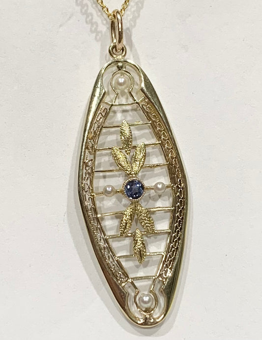 Art Nouveau 14K Sapphire & Pearl Pendant 3.5gr 0.15ct(sap) (Antique 1910s)
