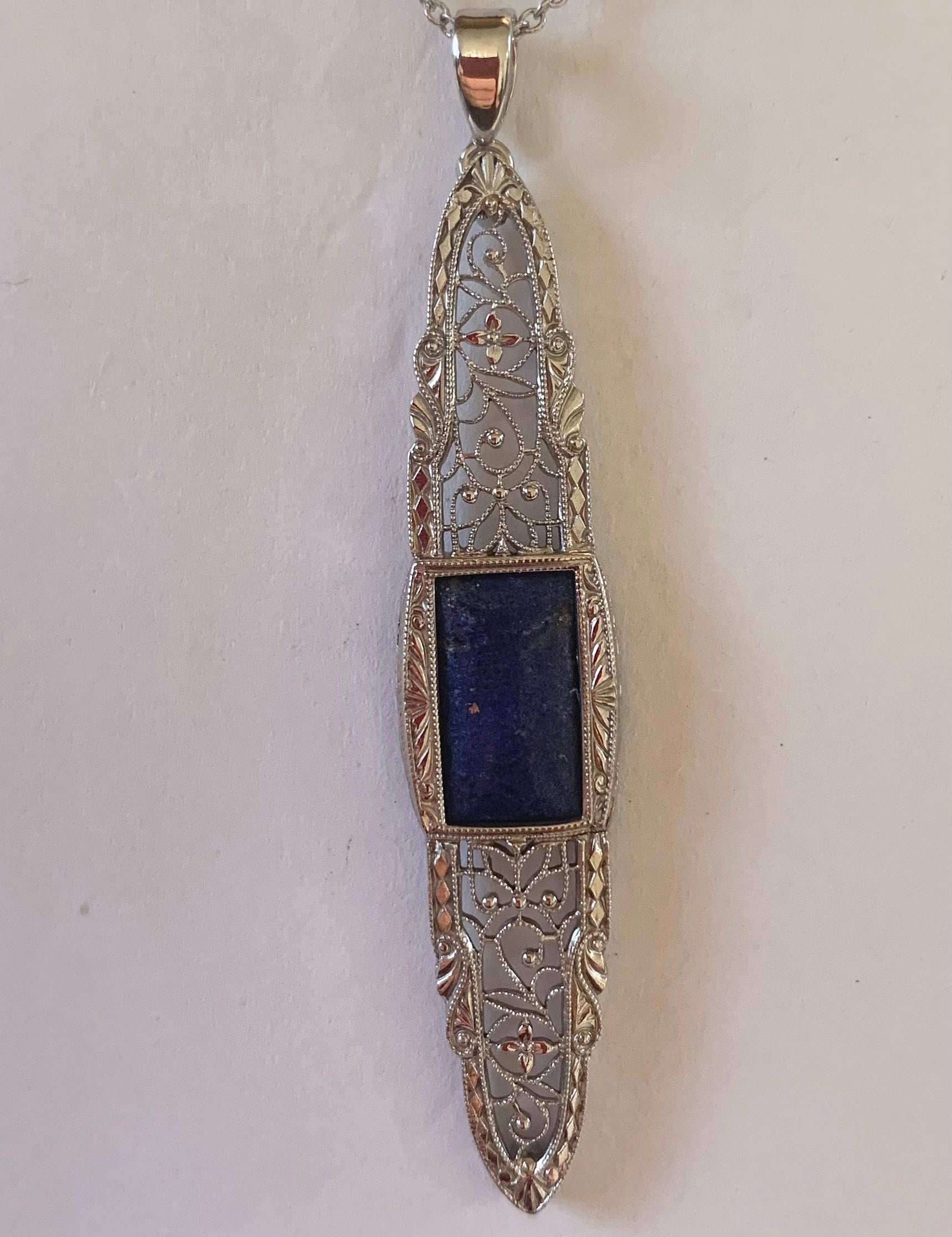 Art Deco 4.50ct Lapis Lazuli 14KW Pendant (Vintage 1920s) 4g 2" 16" Chain 14KW