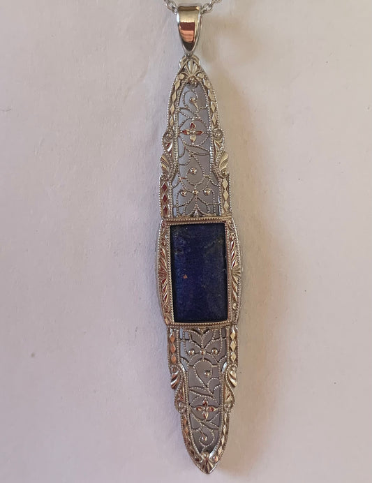 Art Deco 4.50ct Lapis Lazuli 14KW Pendant (Vintage 1920s) 4g 2" 16" Chain 14KW