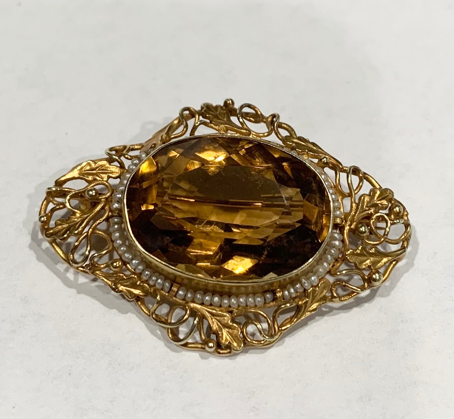 Arts & Crafts 14K Citrine & Pearl Pendant (Antique 1900s) 11.7gr 35.00ct(ci)