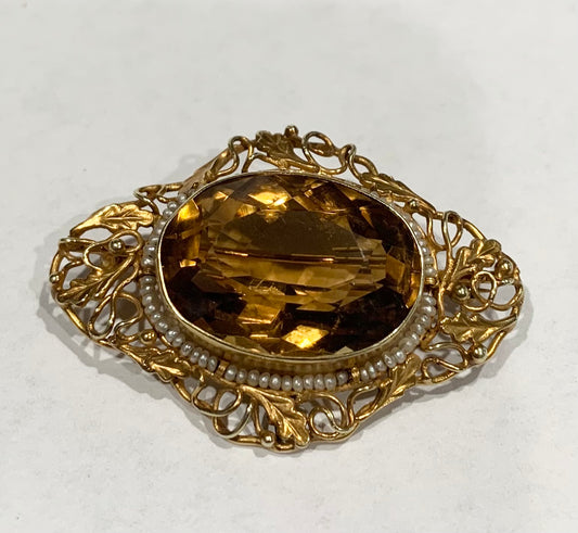 Arts & Crafts 14K Citrine & Pearl Pendant (Antique 1900s) 11.7gr 35.00ct(ci)
