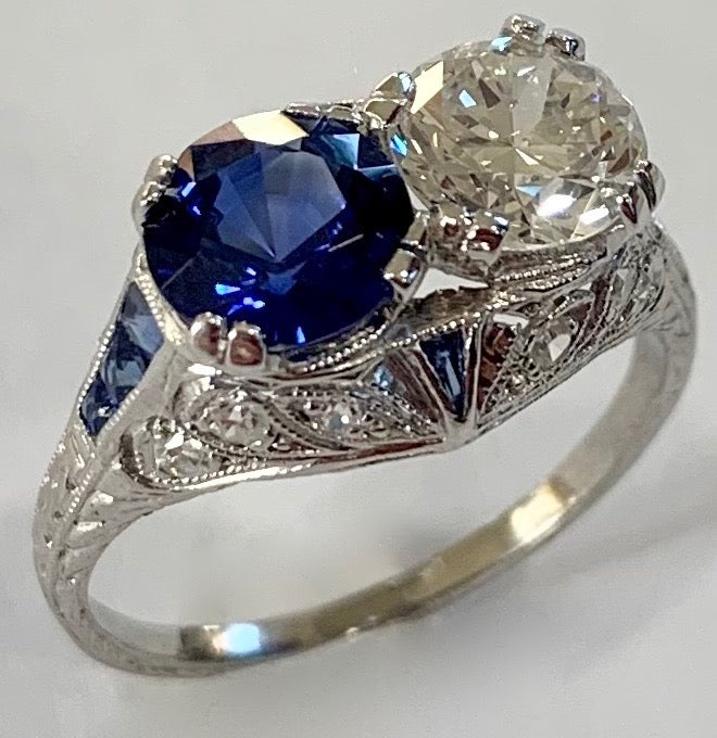 PL Diamond &  Sapphire Art Deco Ring 3.9gr 1.01ct(dia) 1.26ct twt(sap) 1920s