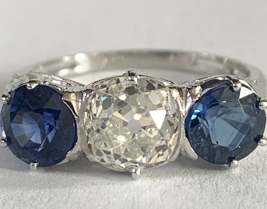 1.48ct Old Mine Diamond 2.20ct Sapphire PT Three Stone Ring 4.5g 6.50 Size