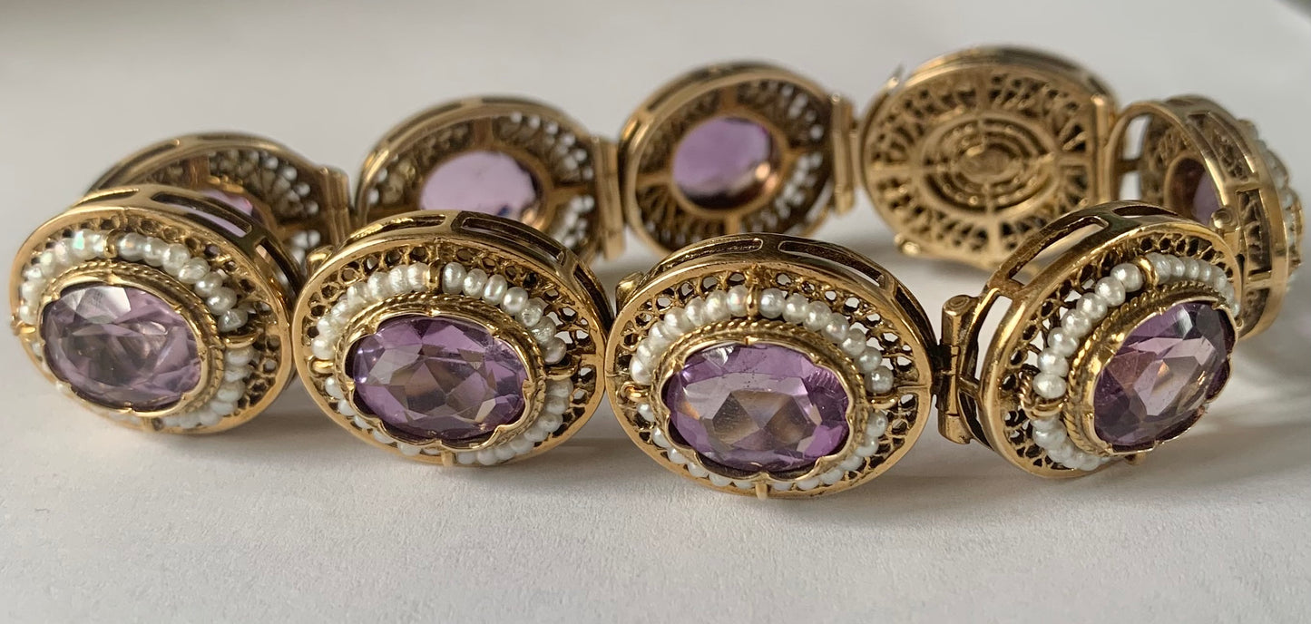 14K Amethyst &  Pearl Bracelet 39gr 31.00ct(ame) Circa 1970s